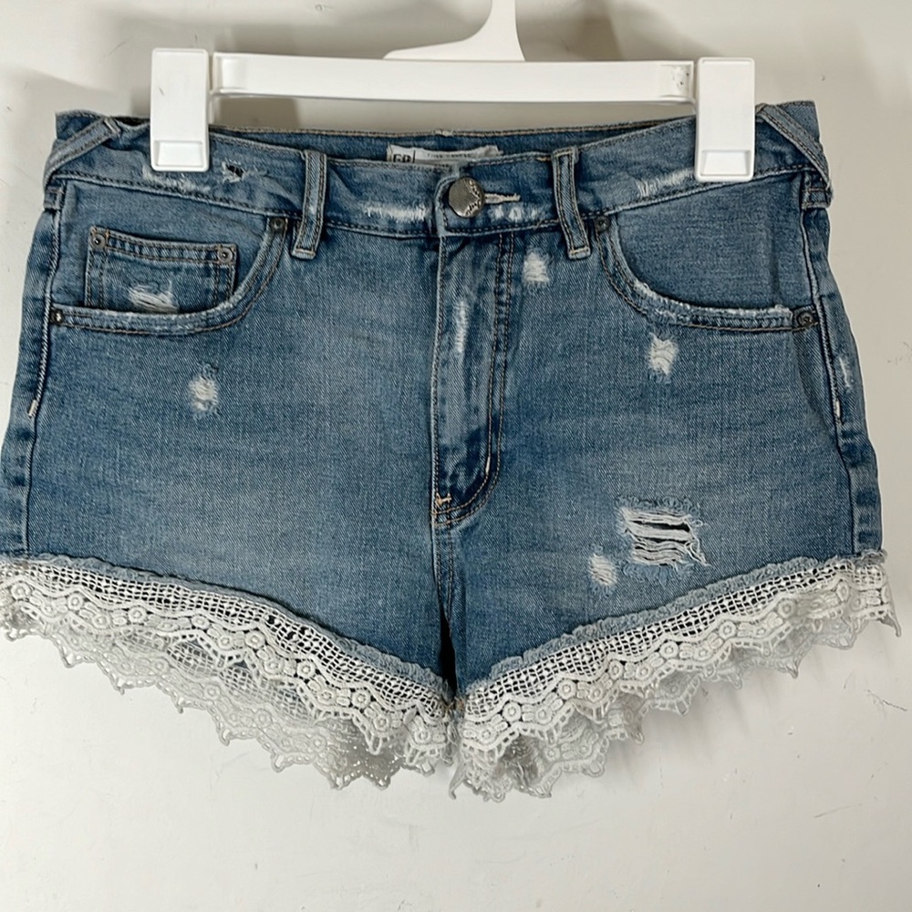 Free People Blue White Crochet Lace Hem Denim Jean Shorts 28